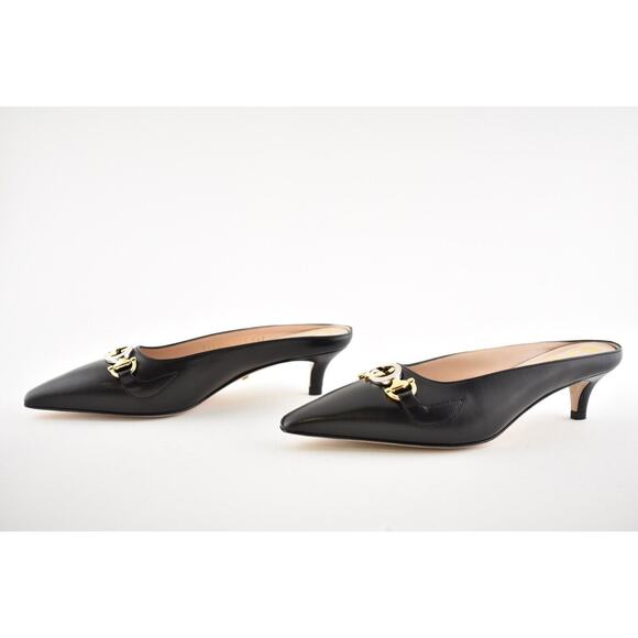 Gucci Zumi Black Leather Silver Gold GG Kitten Heel Mule Slide Loafer Pump 37 - Picture 10 of 12